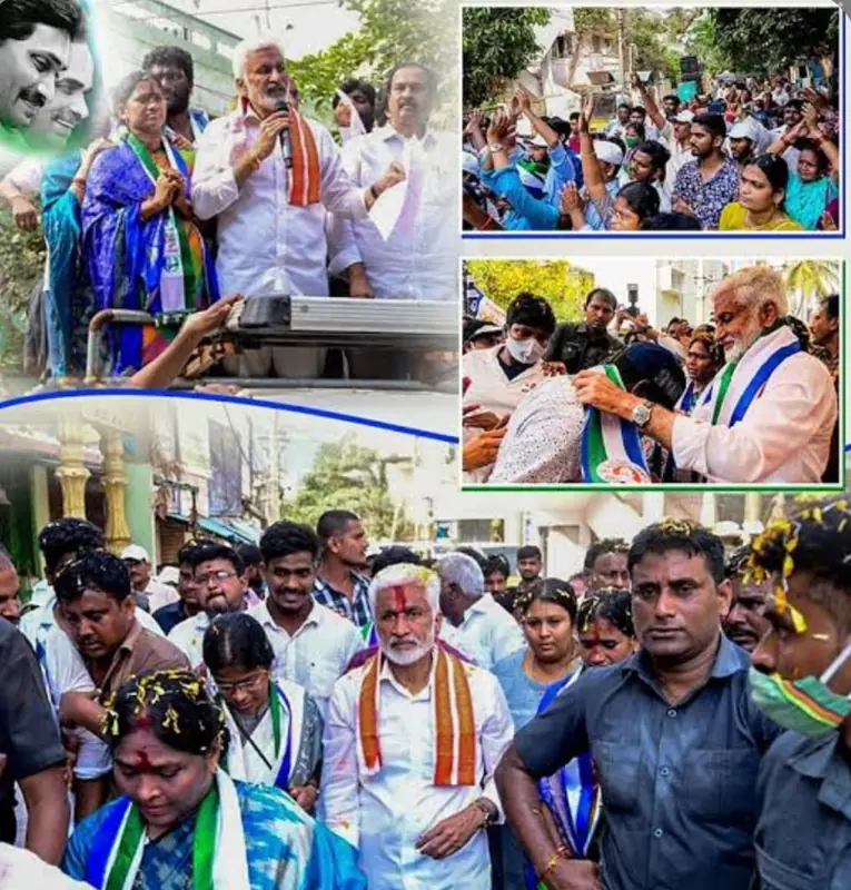 A collage of campaign photographs: a speech from a vehicle, a cheering crowd, a scarf placed on a supporter and a street procession