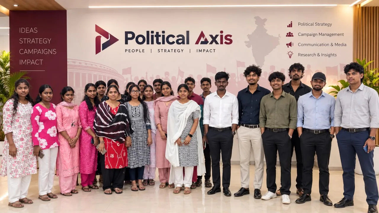 The Political Axis team standing together in front of the Political Axis logo wall